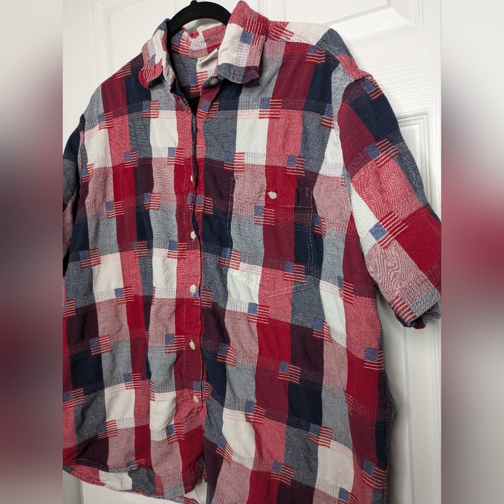 Vintage American Flag Red and Blue Plaid Button-Up Shirt CST Sport 2XL